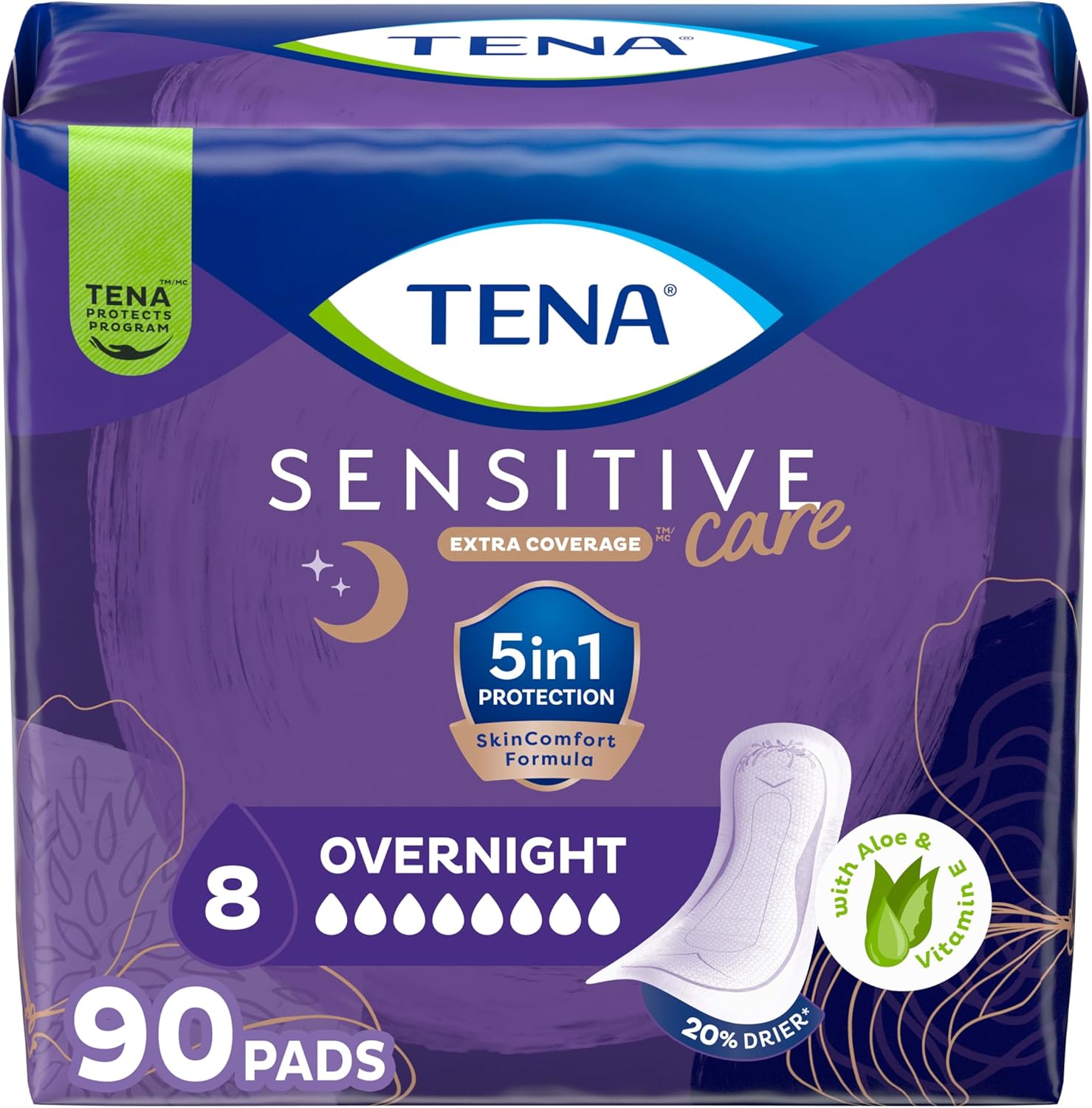 TENA Sensitive Care Overnight Incontinence Pads, Women, Extra Coverage 90ct | Made for sensitive skin, these bladder control pads help prevent leaks and irritation for comfortable, secure overnight use