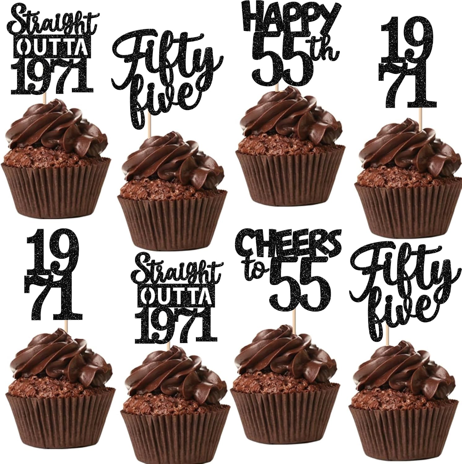 30PCS Black 55th Birthday Cupcake Toppers Glitter Fifty Five Happy 55 Straight Outta 1971 Cupcake Picks for Cheers to 55 Years 55th Birthday Anniversary Party Cake Decorations Supplies