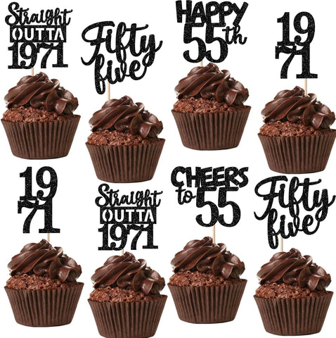 30PCS Black 55th Birthday Cupcake Toppers Glitter Fifty Five Happy 55 Straight Outta 1971 Cupcake Picks for Cheers to 55 Years 55th Birthday Anniversary Party Cake Decorations Supplies