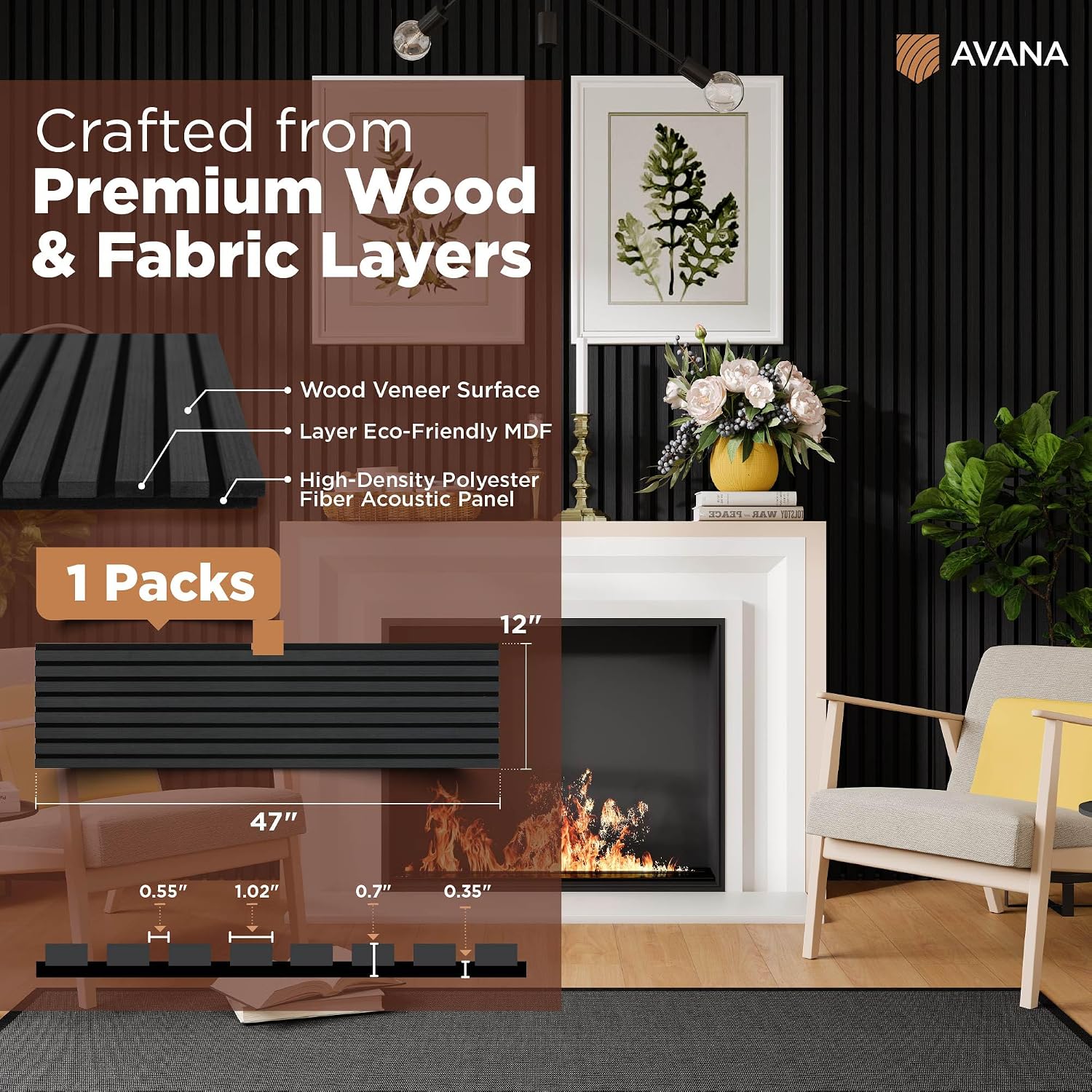 Avana Modern Acoustic Wood Wall Panels – 47.2 x 12.6 Inch Black Oak Acoustic Panels 1 PC – Wall Panels for Interior Wall Decor for Homes, Offices, Studios – Sturdy and Durable Wood Panels for Wall