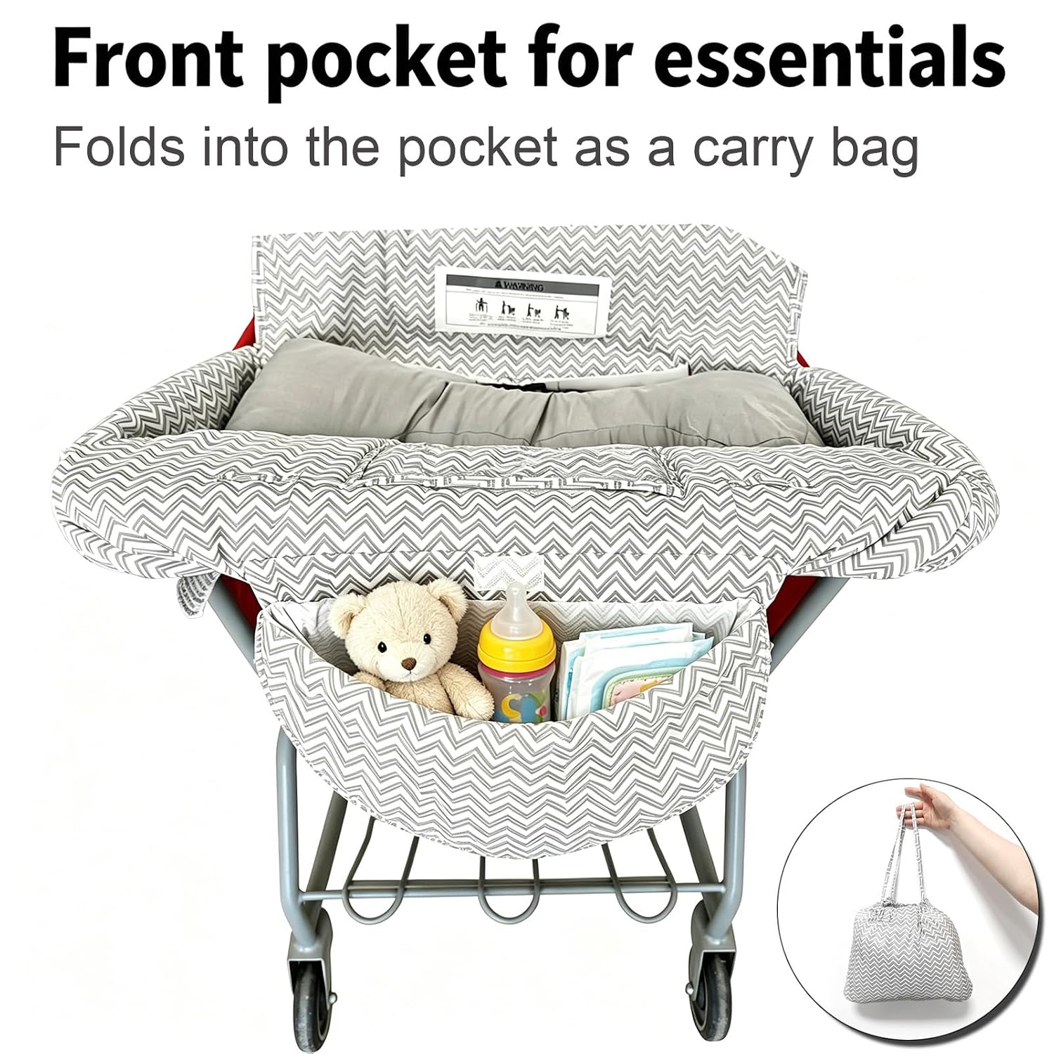 Love&go Soft Pillow Attached 2-in-1 Shopping Cart and High Chair Cover for Baby, Cotton Padded Cart Cover, Fold'n Roll Style, Portable with Carry Bag (Gray Chevron)