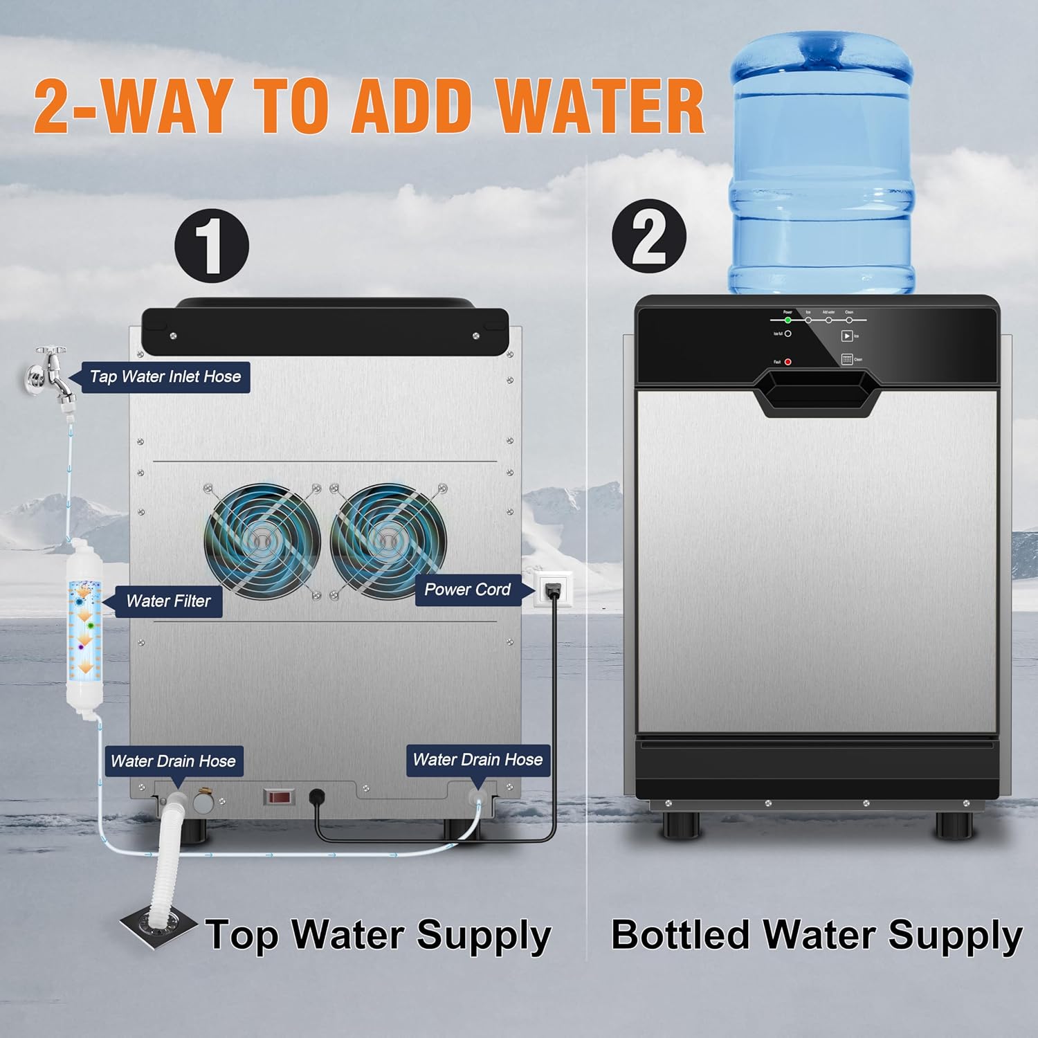 Nugget Ice Maker Countertop Dual Water Inlet Options, 60Lbs/24H Columnar