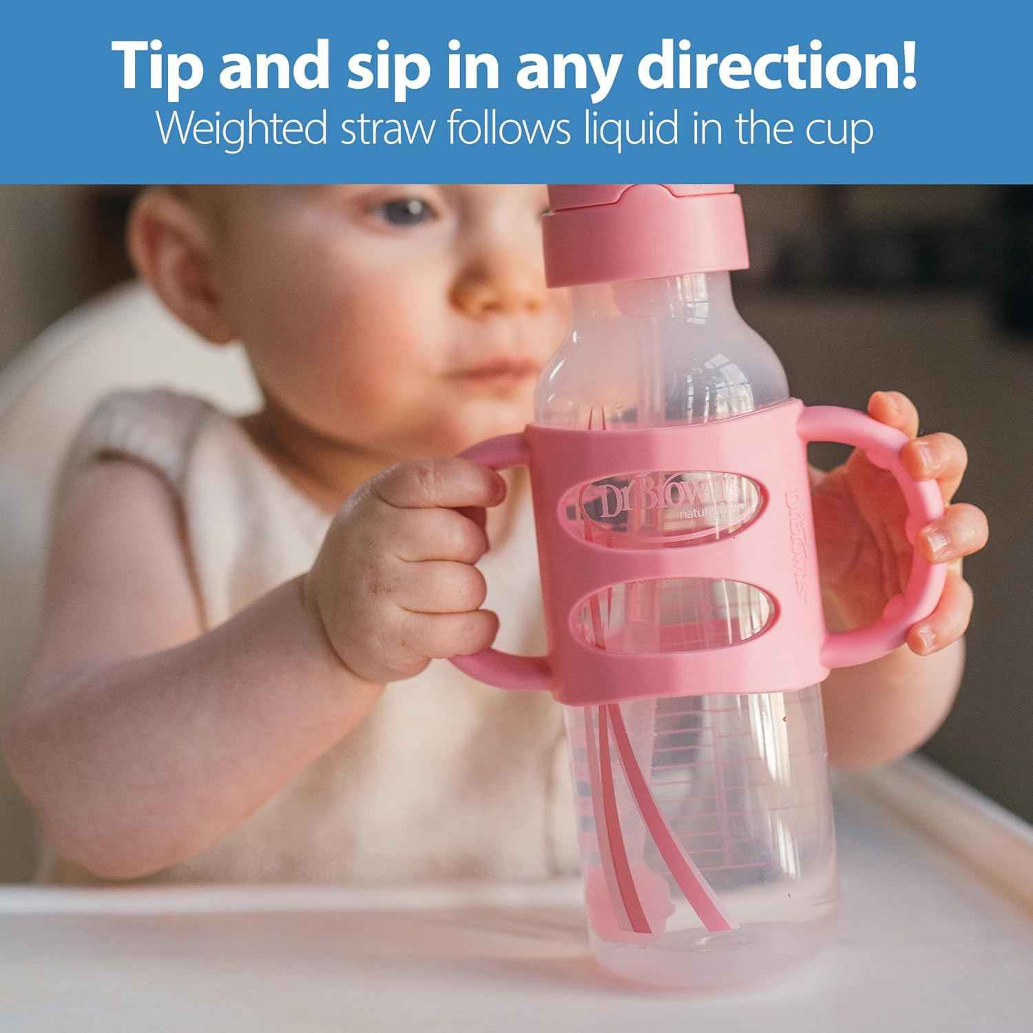 Dr. Brown's Narrow Sippy Straw Bottle with Handles, Gray & Pink, 2-Pack
