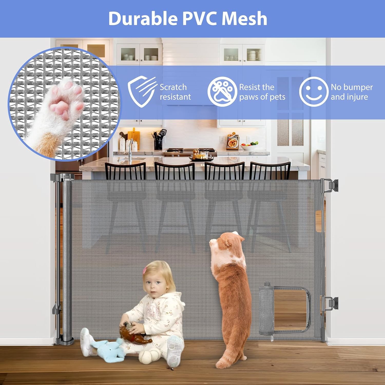 Retractable Baby Gates with Cat Door 80" Wide Retractable Dog Gate with Pet Door Outdoor Retractable Gate for Dogs Retractable Pet Gate with Door Mesh Baby Gate Retractable Mesh Dog Gate (Gray)