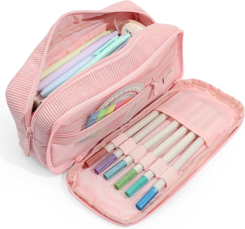 SUNEE Pencil Case, Large Capacity Pencil Pouch, Aesthetic Big Pen Bag, Soft Corduroy Pen Box for Office Stationery Organizer School Supplies Multifunctional for Teen Boys Girls Women Men, Soft Pink