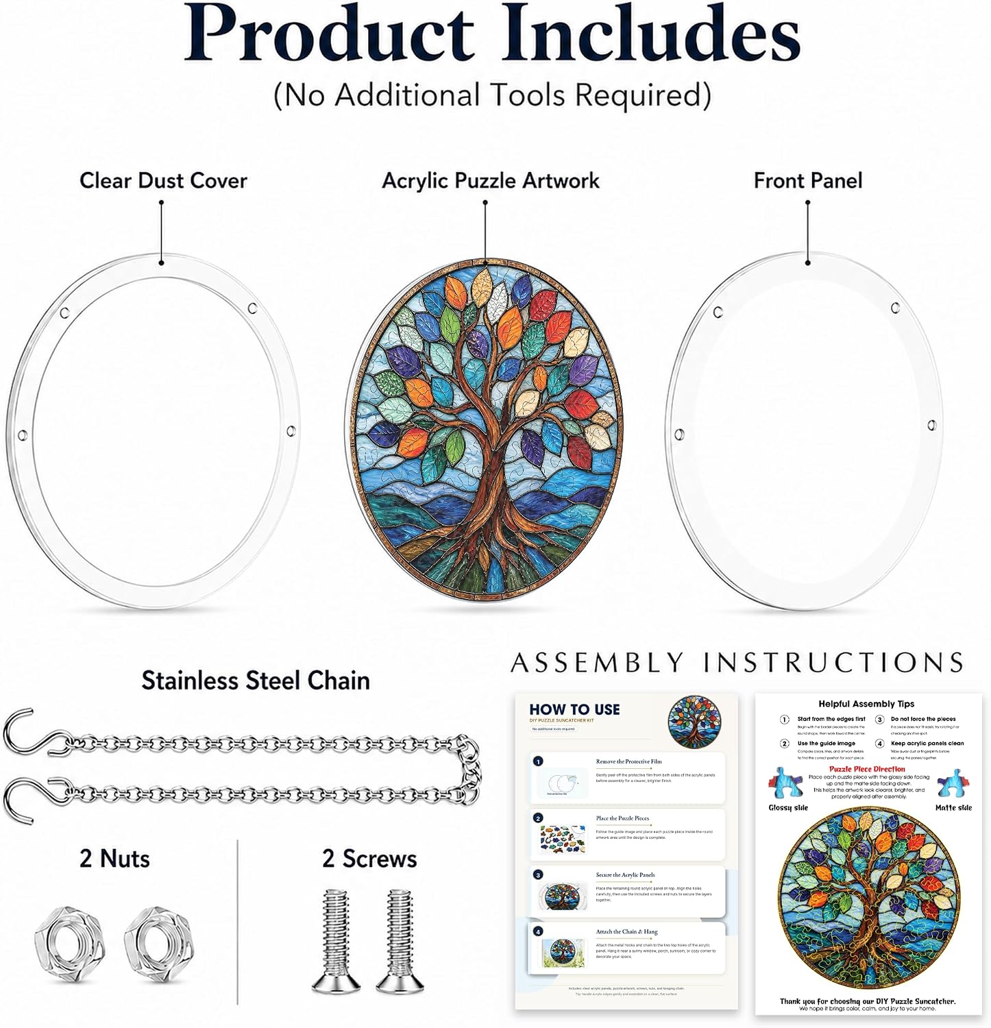 8.9 Inches Tree of Life Puzzle Suncatcher, DIY Acrylic Stained Glass Style Window Hanging Decor