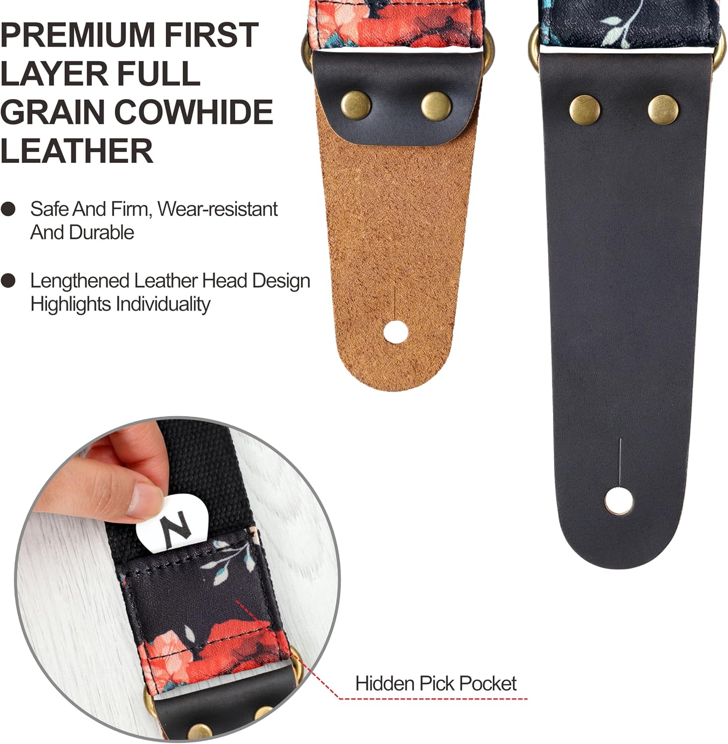 Nefelibata Guitar Strap, Cotton Print Rose Guitar Straps with Head Cowhide Leather Ends for Bass, Electric & Acoustic Guitars, Free Strap Button, 1 Pair Strap Locks and 4 Guitar Picks