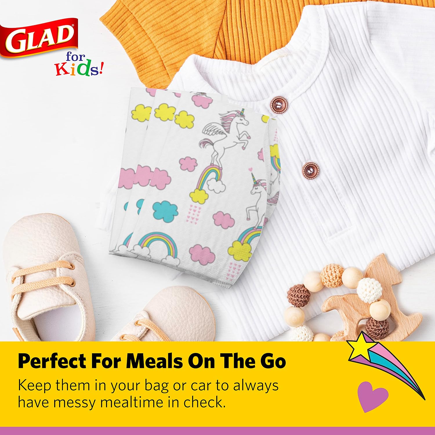 Glad for Kids Disposable Paper Bibs with Crumb Catcher, Unicorns, 30 Count