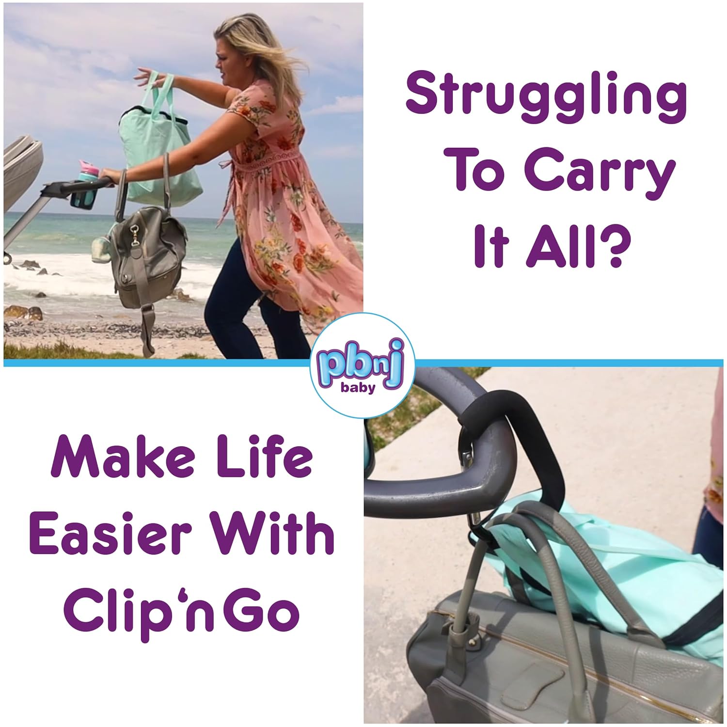 PBnJ Baby Stroller Hooks, Large Carabiner Clip, Diaper Bag Purse, 2 Pack