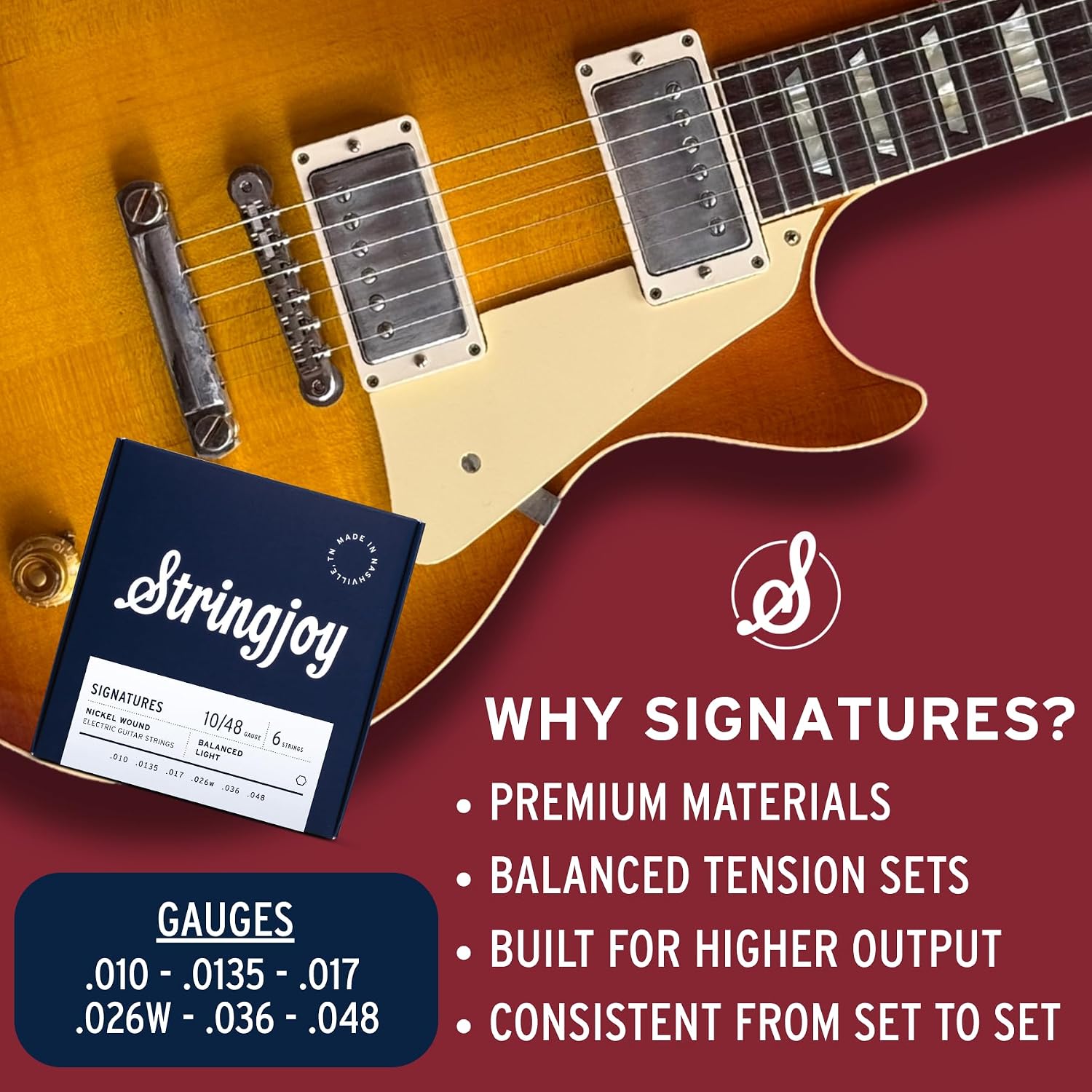Stringjoy Signatures 10-48 Balanced Light Wound 3rd guitar strings – Nickel Wound Electric Guitar Strings - Balanced Tension and Optimal Tone with a Wound 3rd String, Electric 6 String Set, 1-Pack
