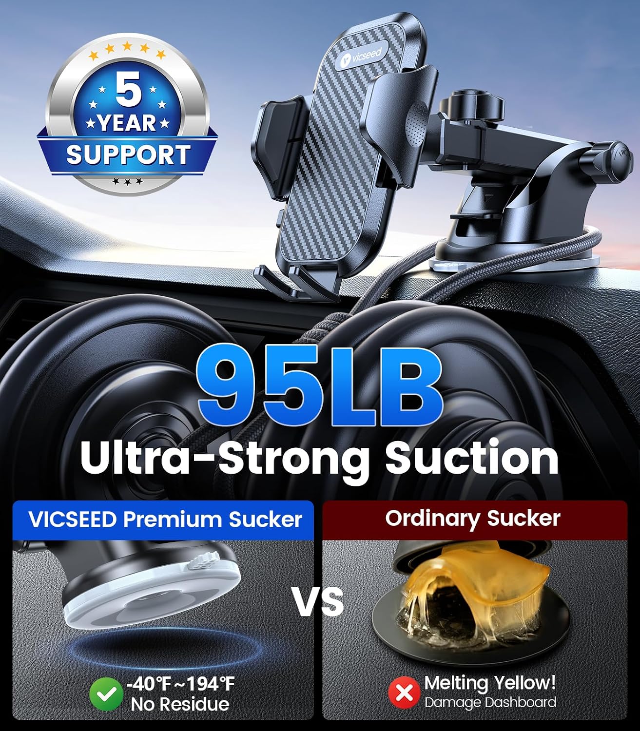 VICSEED 2026 Ultimate Sturdy Car Phone Holder [Upgraded 95+LBS Strongest Suction] Universal Long Arm Cellphone Mount for Car Dashboard Windshield Vent Truck Boat for iPhone 17 16 Pro Max & Android
