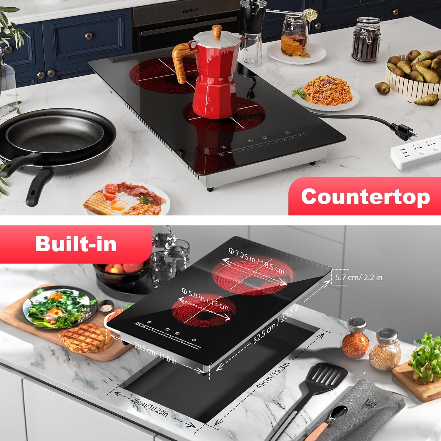 2 Burner Electric Cooktop 110V,12in Ceramic Glass Stove Top Plug
