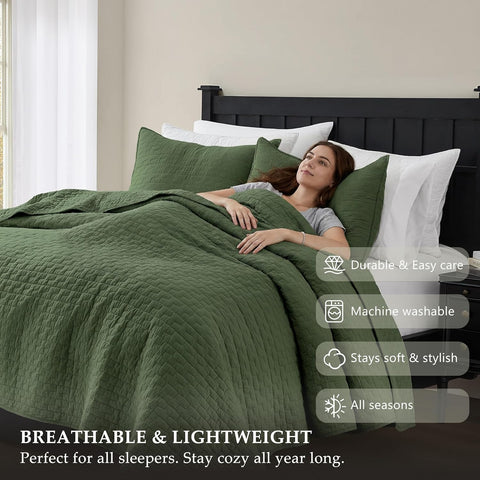 palassio Olive Green 100% Cotton Quilt King Size Bedding Sets with 2 Pillow Shams, Textured Lightweight Soft Bedspread Shabby Chic Coverlet, Quilted Comforter Bed Cover for All Season, 3 Pieces