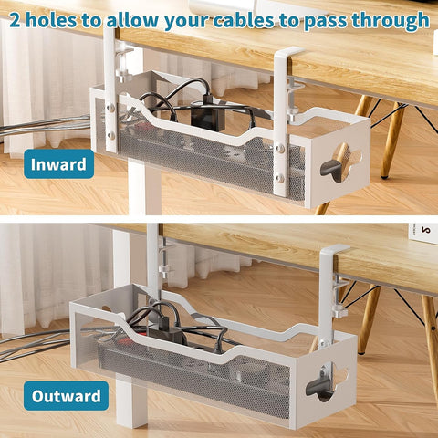 Under Desk Cable Management Tray 3 Pack, Cable Management Under Desk No Drill, Cable Organizer with Clamp for Wire Management, Cord Organizer for Office, Home - No Damage to Table (White)