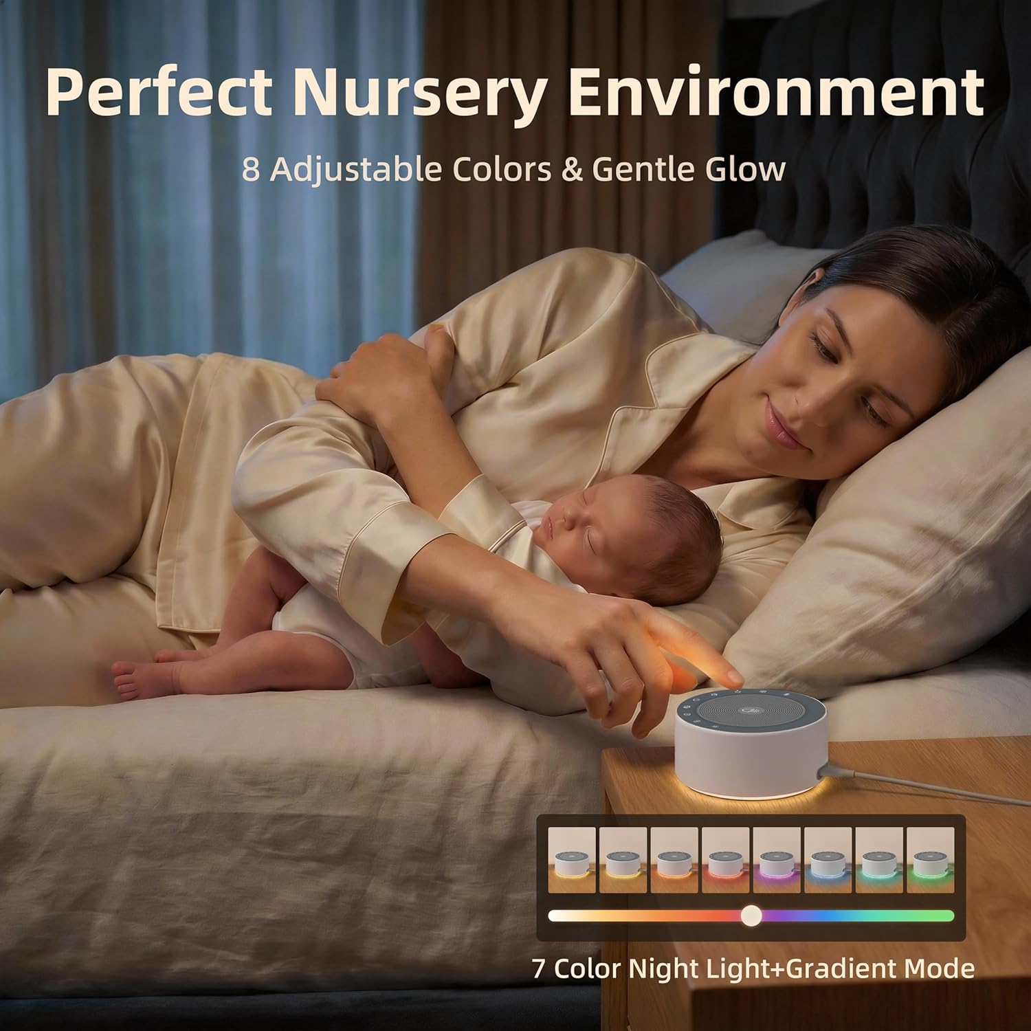 Kipcush White Noise Machine for Baby & Adults, 30 Soothing Sounds, Sleep Sound Machine with 8 Color Night Light, Memory Function, White Noise for Sleeping, Nursery, Office, Travel & Relaxation