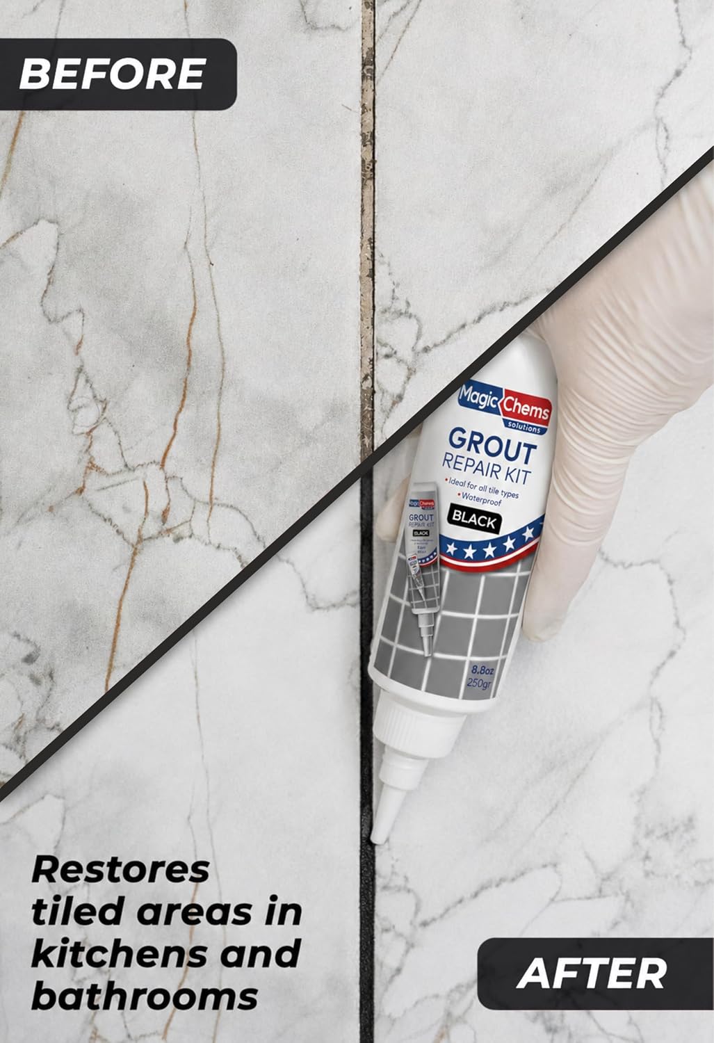 Magic Chems Tile Grout Repair Kit, Black, 2 Pack, 8.8 oz (250g) Each – Fast-Drying Grout Filler, Grout Sealer & Tile Grout Paint for Bathroom Floors, Tile Gaps, Joints and Lines
