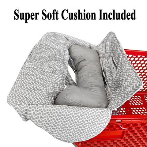Love&go Soft Pillow Attached 2-in-1 Shopping Cart and High Chair Cover for Baby, Cotton Padded Cart Cover, Fold'n Roll Style, Portable with Carry Bag (Gray Chevron)