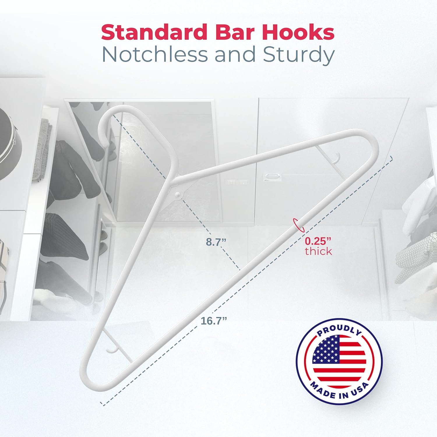 Plastic Hangers 100 Pack – Made in the USA – 6lb Capacity Standard Clothes Hangers with Strap Hooks for Dresses, Lingerie, Shirts, Pants, and Jackets – Black