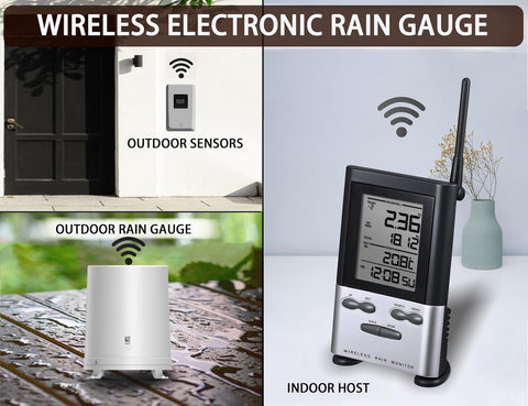 Wireless Rain Gauge Outdoor with Thermometer, Digital Rain Gauges Outdoors Best Rated with Self-Emptying & Freeze Proof, Accurate Remote Rain Measure Gauge, Automatic Outside Rain Gauge for Yard