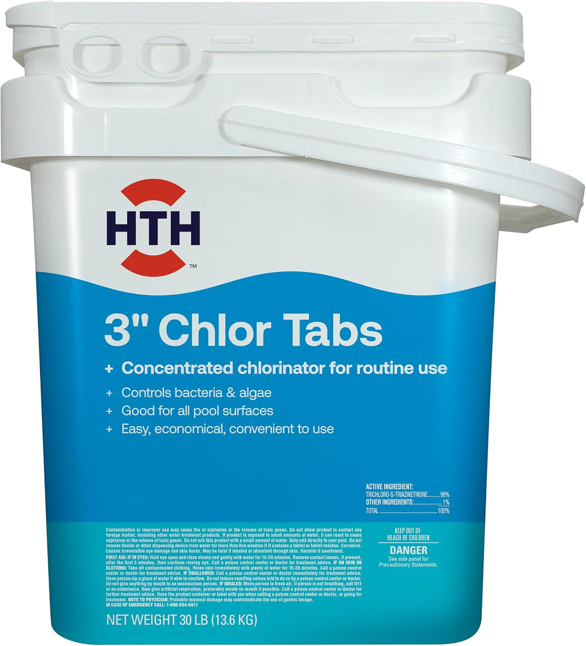 HTH 42061 Pool Care 3 Chlorine Tabs, Individually Wrapped Tablets - Concentrated Chlorinator for Routine Use, Controls Bacteria & Algae, Good for All Pool Surfaces, 30 lb