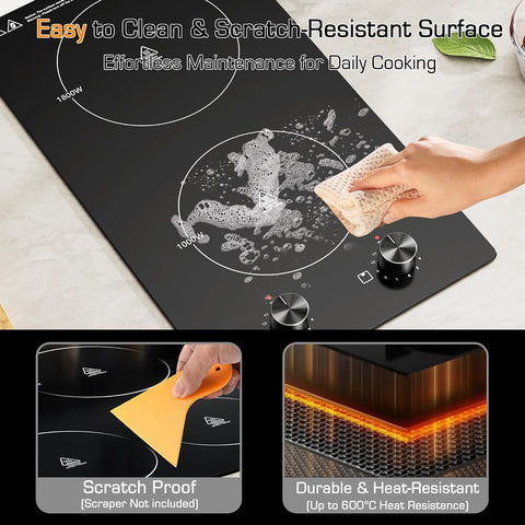 2 Burner Electric Cooktop 12 Inch, 120V Plug-In, Knob Control