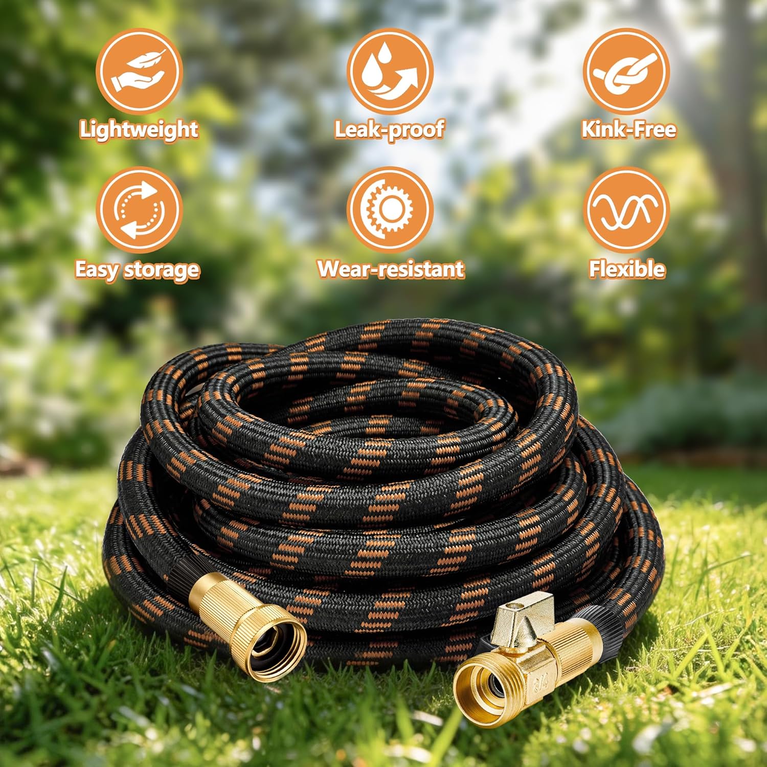 Flexible Garden Hose 50 FT, Ultra Lightweight Water Hoses w/10 Function Sprayer and 3/4" Brass Fittings, Kink-Free, Sturdy, Abrasion Resistant for Yard, Lawn, Outdoor and Gardening(Black Orange)