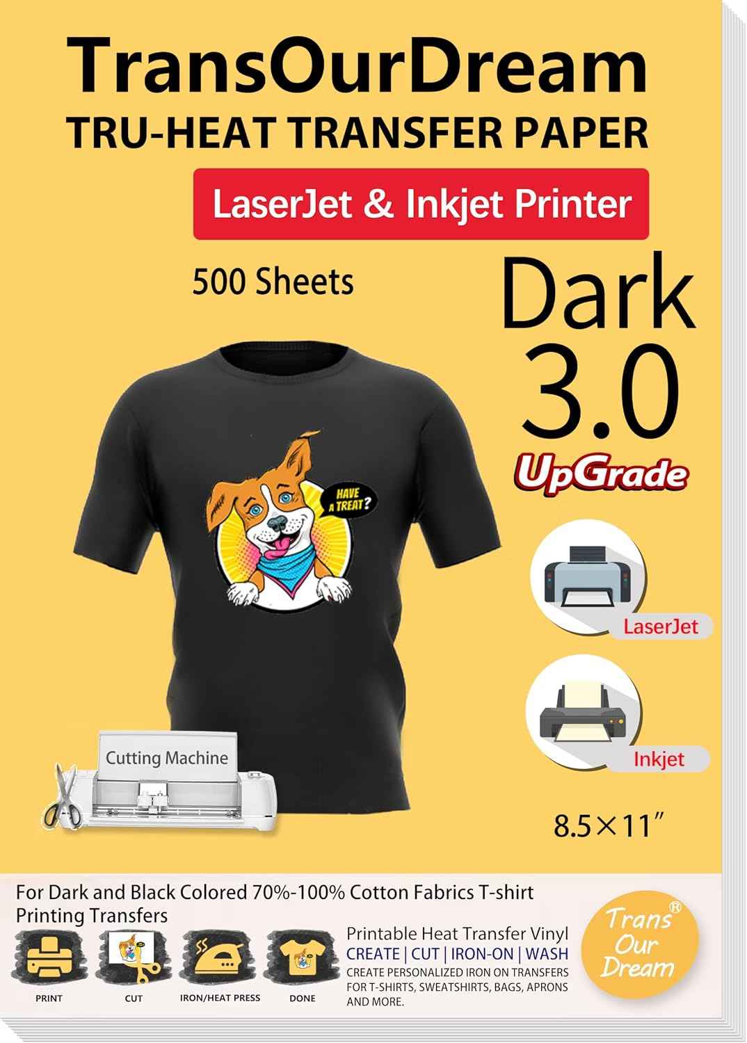 TransOurDream Tru-Heat Transfer Paper for Inkjet & LaserJet Printer (500 Sheets, 8.5x11", Dark 3.0) Printable HTV Heat Transfer Vinyl for T Shirts Iron on Transfers for Dark Fabrics