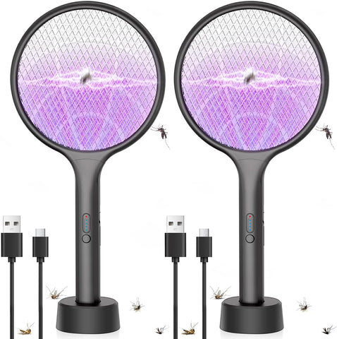 2Pack Electric Fly Swatter,4000V Bug Zapper Racket with 1500mah Battery Rechargeable,2 in 1 Fly Zapper & Purple Mosquito Killer Lamp with 3 Layers of Safety Net Suitable for Indoor and Outdoor Black