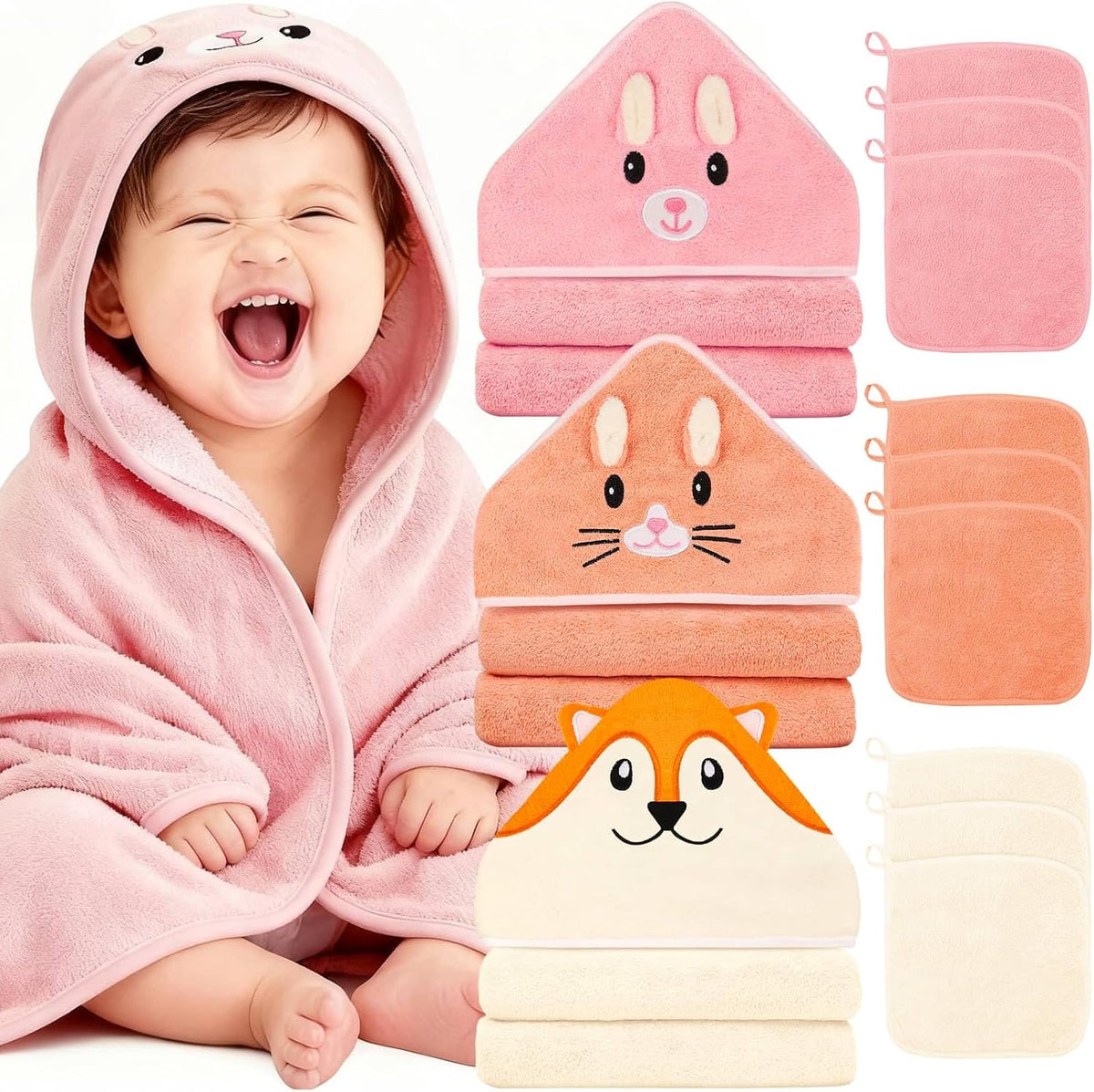 12 PCS Baby Towels Set, Baby Bath Towels for Newborn Baby Bath Essentials