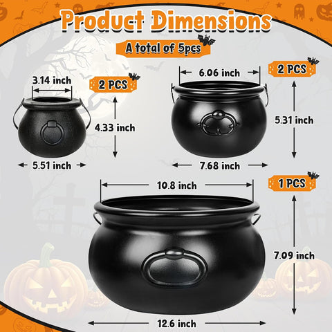 5 PCS Halloween Cauldron with Handle, Black Plastic Candy Holder Pots