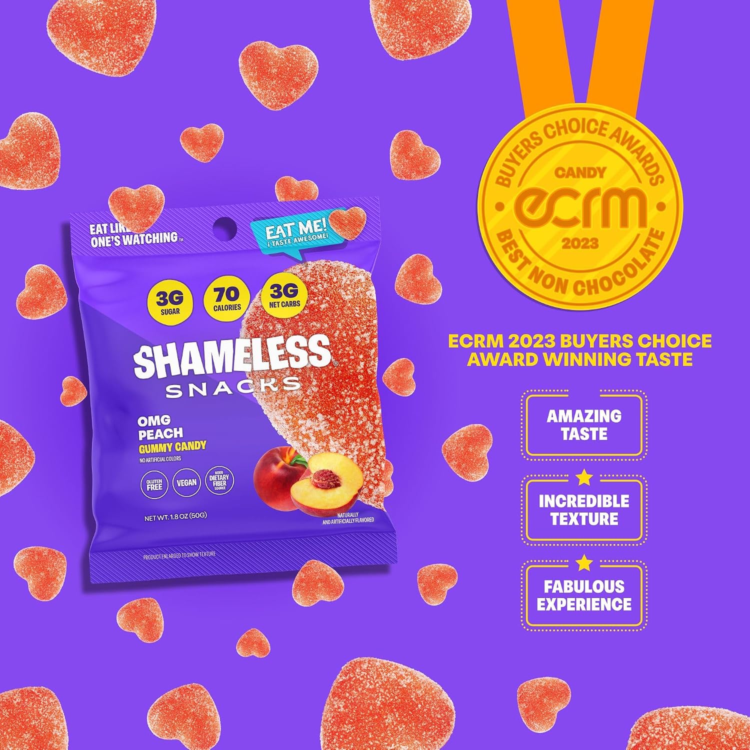 Shameless Snacks OMG Peach Sour Gummy Candy & Fruit Snacks - Keto, 3g Sugar