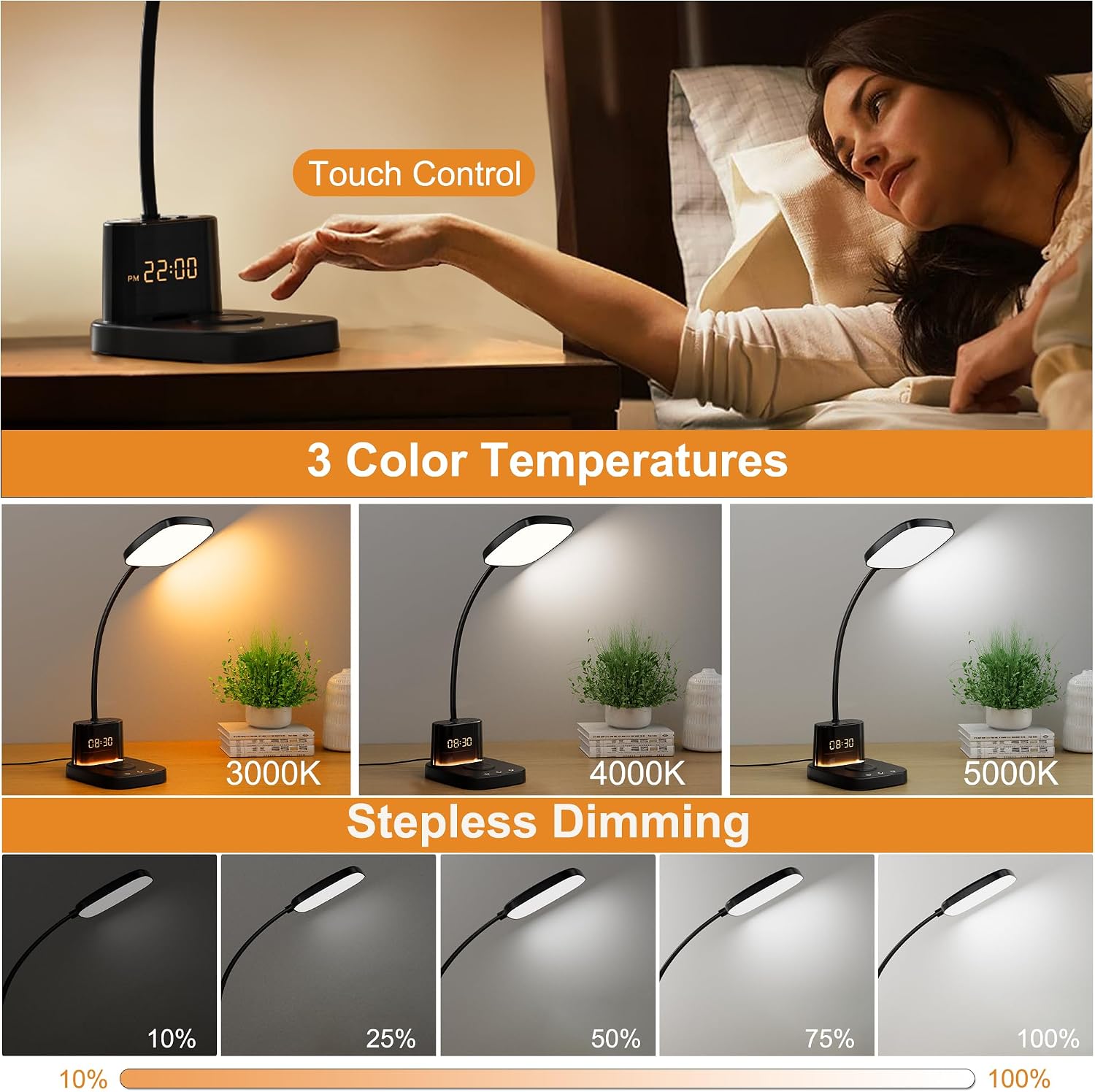 10W Wireless Charging LED Desk Lamp with Clock, Light Black