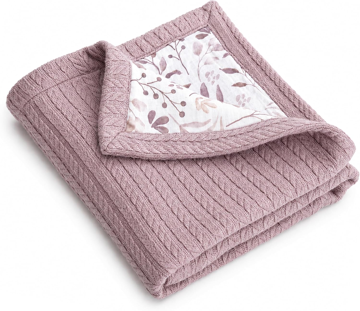 Mouliss Muslin Baby Blanket, Cable Knit, 41x30 in, Dusty Rose Leaves