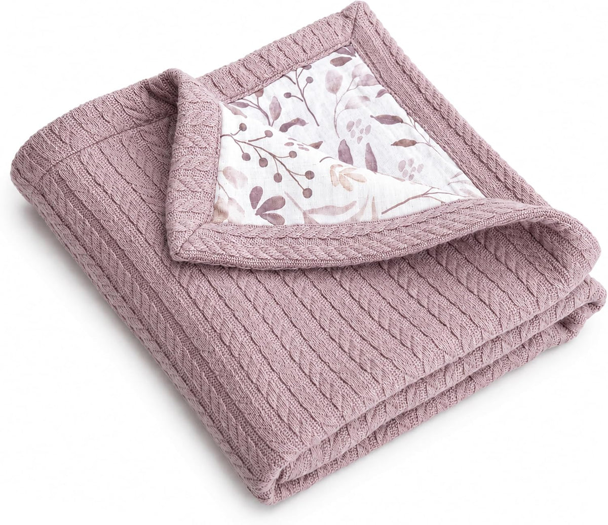 Mouliss Muslin Baby Blanket, Cable Knit, 41x30 in, Dusty Rose Leaves