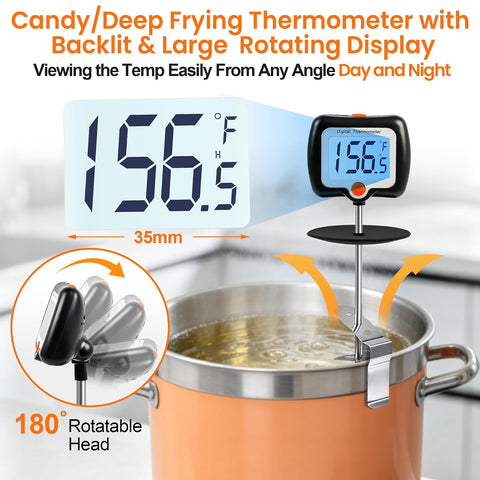 10 Inch Long Digital Candy Thermometer with Pot Clip,Deep Fry Thermometer,Rotating Display, Best Instant Read Food Meat Thermometer for Candy Making or Deep Frying
