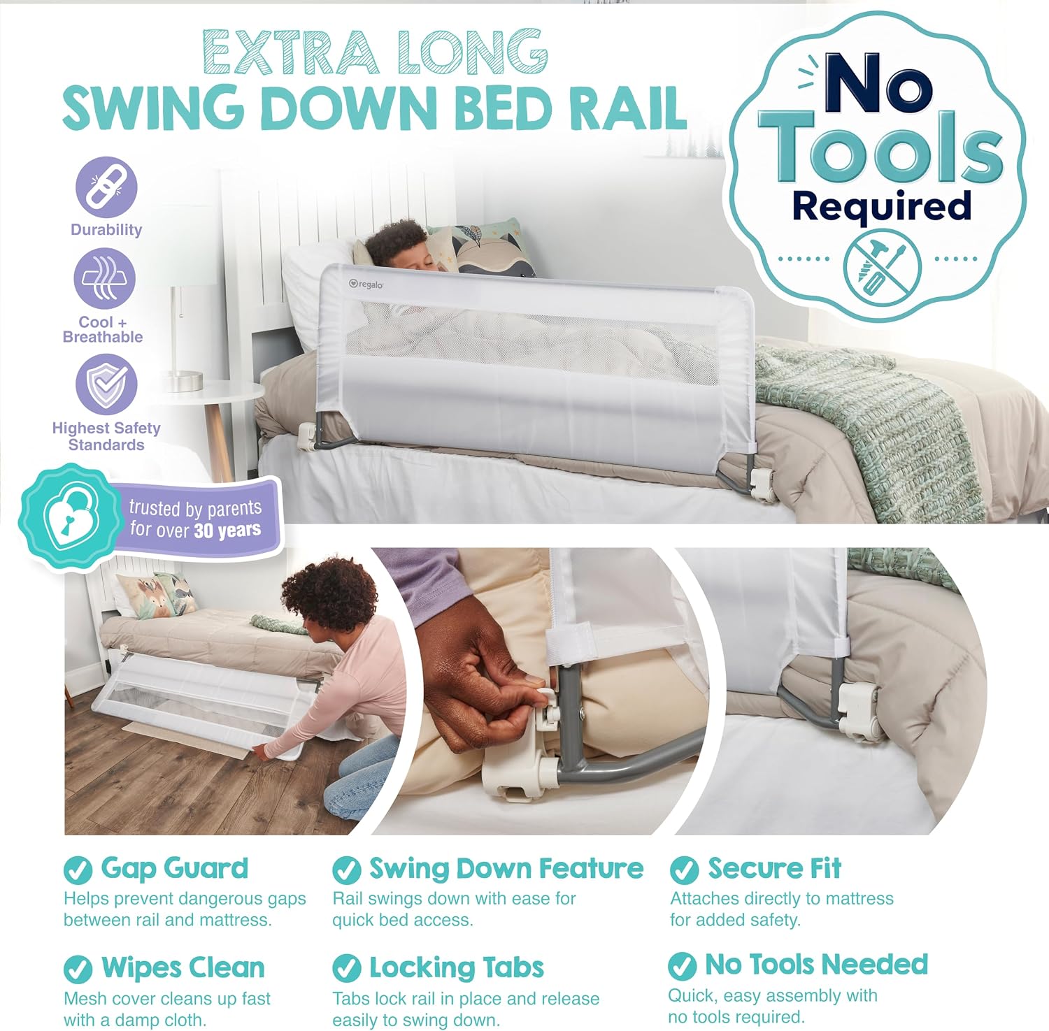 Regalo Safety 54” Extra Long Bed Rail Guard for Toddlers, Swing Down Toddler Bed Rail with Reinforced Anchor Safety System, 20” Tall Bed Safety Rail, Fits Twin, Full & Queen Beds