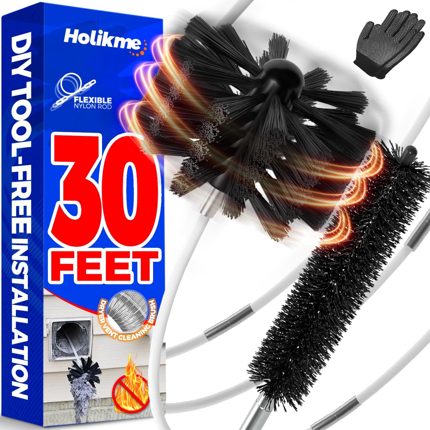 Holikme Dryer Vent Cleaner Kit - 30Ft Fireplace Chimney Brushes Flexible