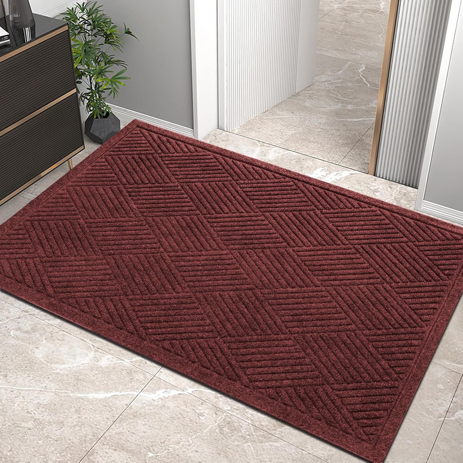 HIYARD Sturdy Front Door Mat, Absorbent Muddy Dirt Resist Welcome Door Mats Outdoor Indoor, Stain and Fade Resistant, Non-Slip Rubber Backing Low Profile Doormat for Entryway, 36×24, Red