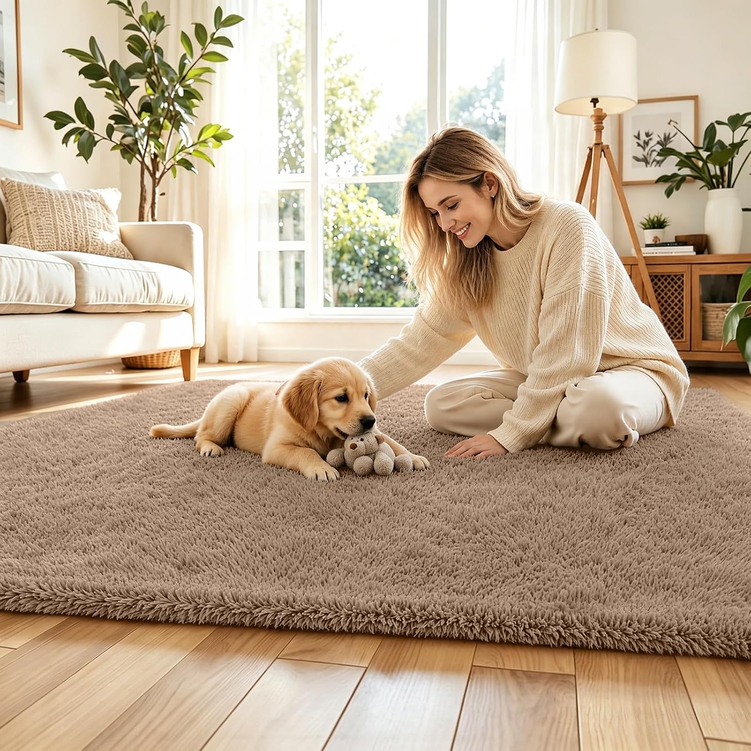 Fluffy Rug Shag Area Rug,Beige 3x5 Area Rugs for Bedroom