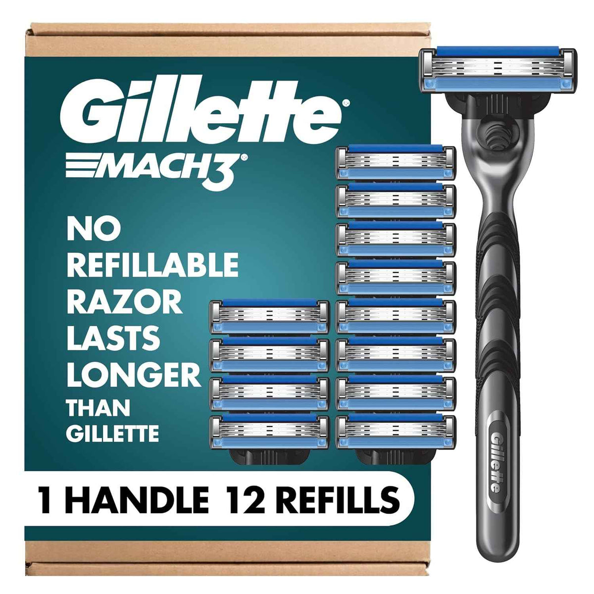 Gillette Mach3 Shaving Razor for Men, Razor Handle, 12 Blade Refills