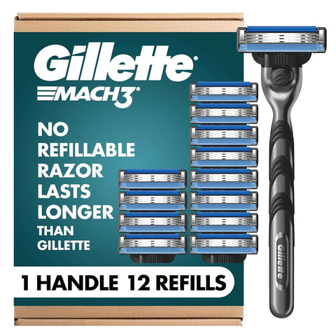 Gillette Mach3 Shaving Razor for Men, Razor Handle, 12 Blade Refills