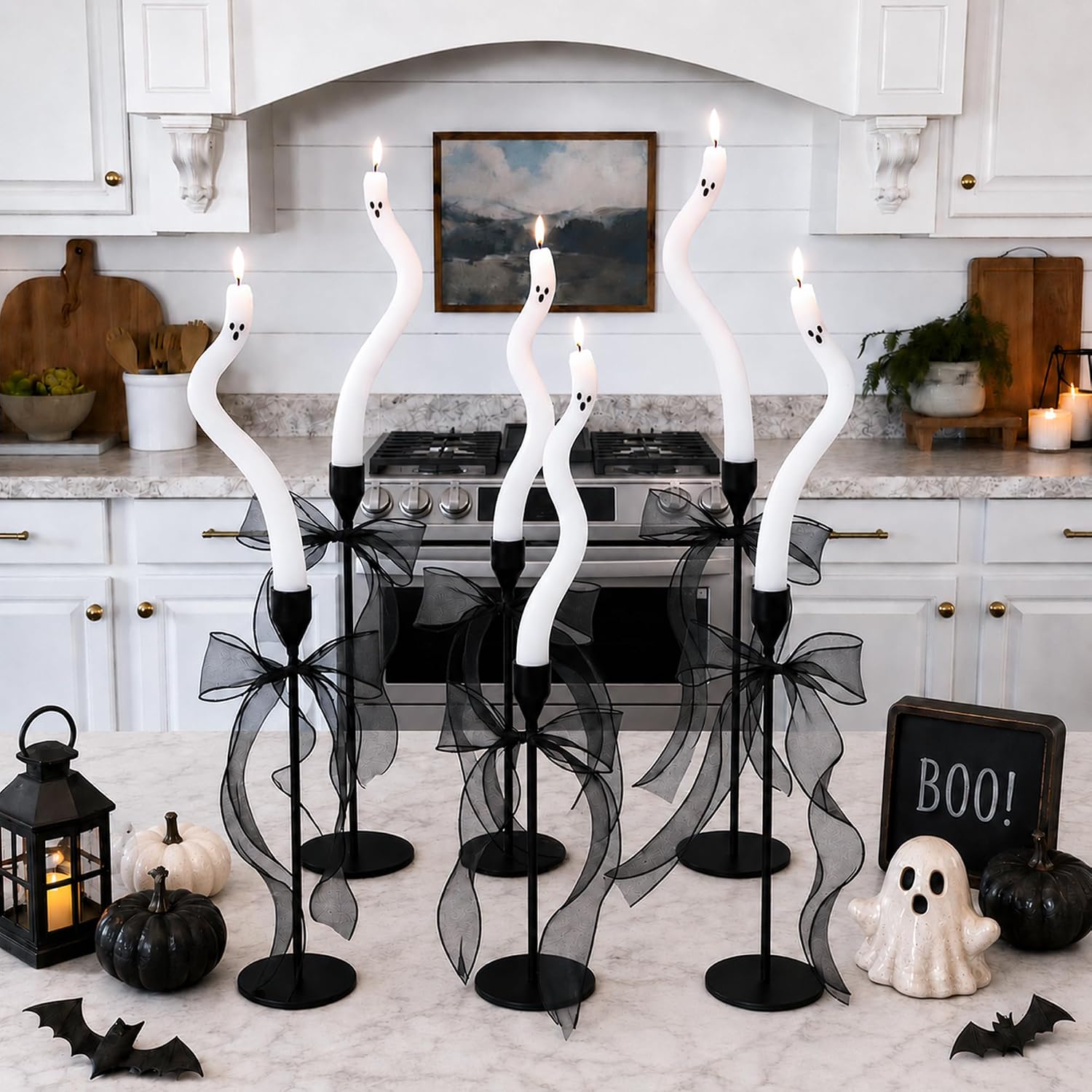 AYGXU Halloween Decorations Indoor-6 Pcs Twisting Ghost Candles with Ribbons Decor,Taper Candles,Halloween centerpieces for Party,Tables,Fireplace Decorations(Candlesticks not Included)