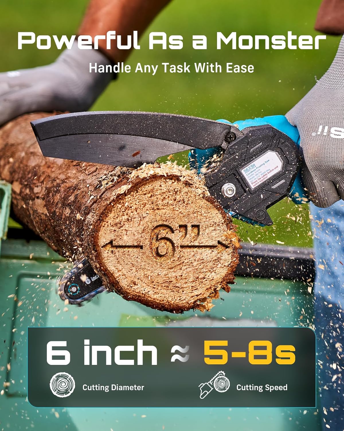 Seesii Mini Chainsaw, 6-inch Mini Chainsaw Cordless, Handheld Electric Power Chain Saw with 2 Batteries, for Tree Trimming Wood Cutting, Best Gifts for Father, Dad, Husband, Men