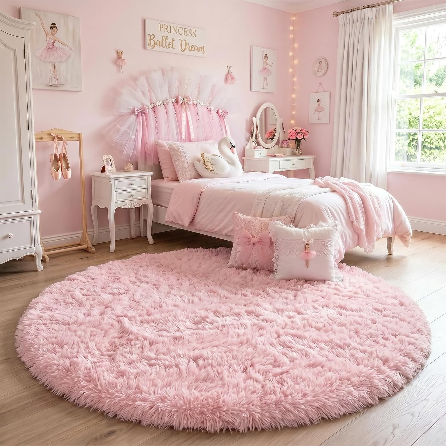 Amdrebio Pink Big Fuzzy Furry Circle Rug 8Ft for Living Room Girls Bedroom