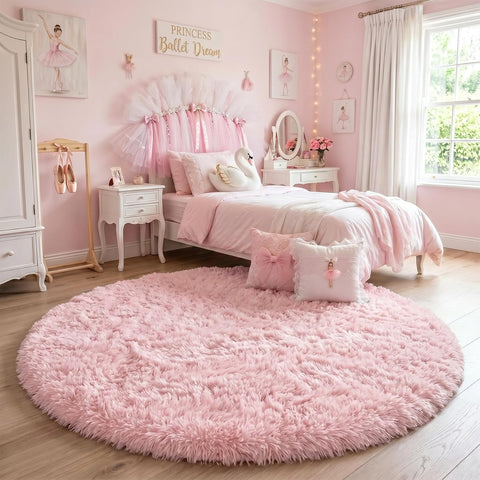 Amdrebio Pink Big Fuzzy Furry Circle Rug 8Ft for Living Room Girls Bedroom