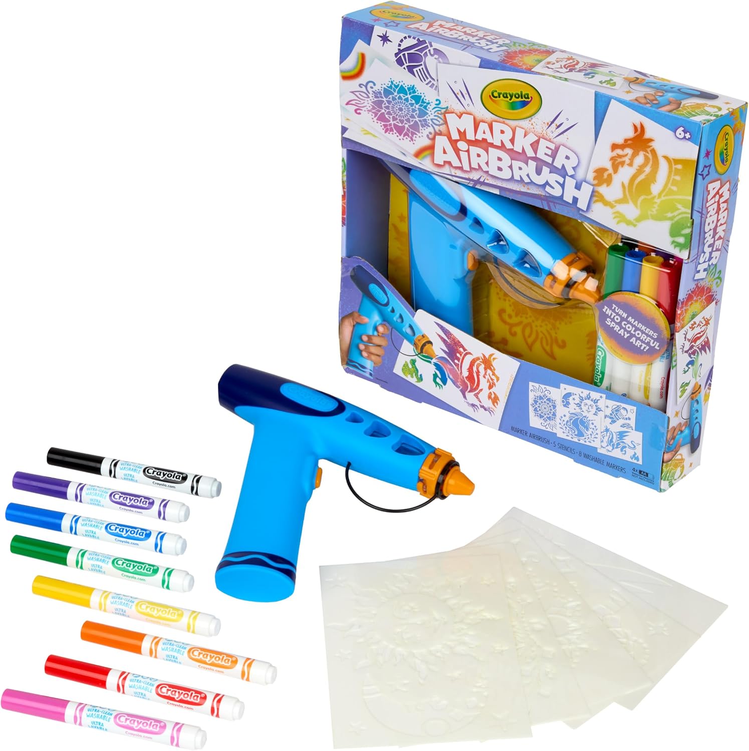 Crayola Marker Airbrush Spray Art Kit, 8 Washable Markers, 5 Stencils