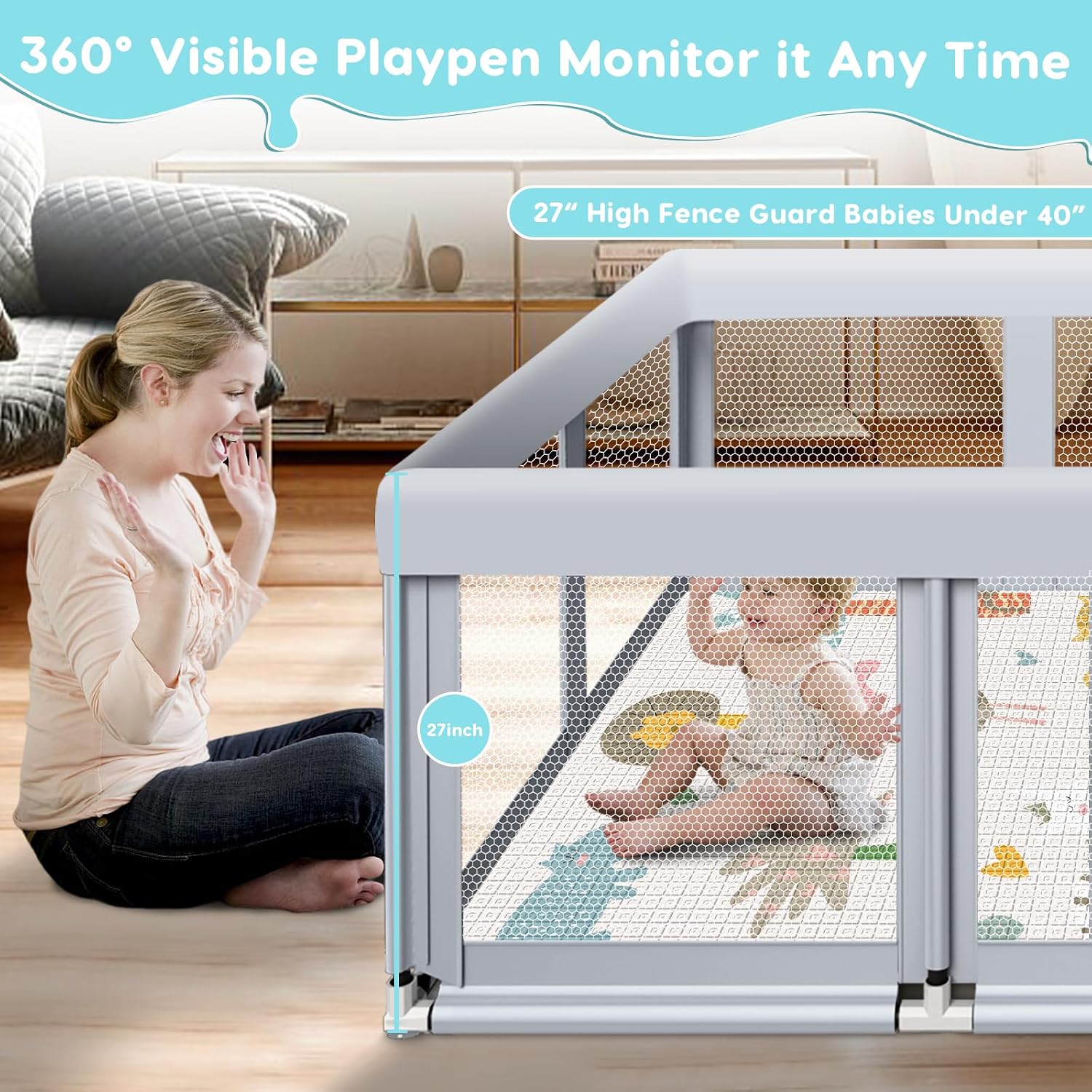 Fshibila 74" ×50" Large Baby Playpen, Baby Playard for Babies and Toddlers, Play Pens for Indoor & Outdoor, Sturdy Safety Play Yard with Soft Breathable Mesh, Anti-Fall, Grey (with MAT)