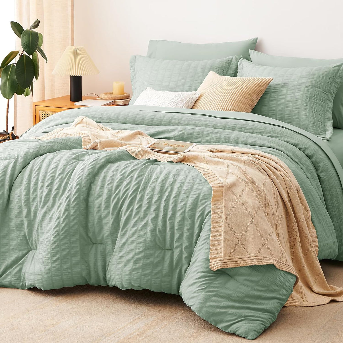 CozyLux Full Size Comforter Set 7 Pieces Sage Green Seersucker Bed in a Bag