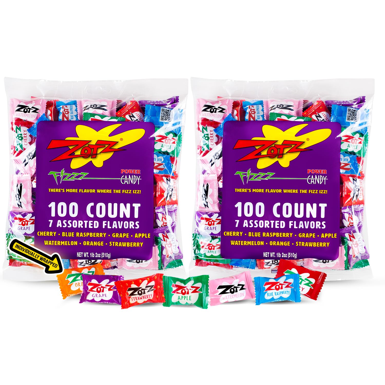 ZOTZ Fizzy Sour Candy Bulk - Retro Italian Hard Candy Individually Wrapped - Classic Nostalgic 7 Assorted Flavors Cherry, Watermelon, Blue Raspberry, Apple, Orange & Grape - 200 Pieces Bag for Party Favors, Goodie Bags, Piñata & Candy Buffet