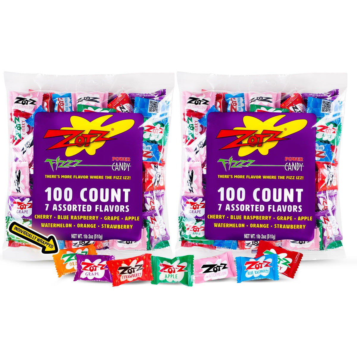 ZOTZ Fizzy Sour Candy Bulk - Retro Italian Hard Candy Individually Wrapped - Classic Nostalgic 7 Assorted Flavors Cherry, Watermelon, Blue Raspberry, Apple, Orange & Grape - 200 Pieces Bag for Party Favors, Goodie Bags, Piñata & Candy Buffet